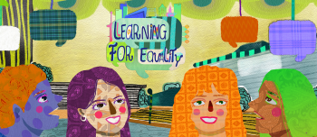 A colorful illustration shows four students talking to each other, with a representation of the EUR campus in the background. The logo of the "Learning for Equality" project is presented in the center of the image with some icons of the city, such as the central station, the cubic houses, the Euromast tower, De Hef bridge, and the Rotterdam Slavery Monument.